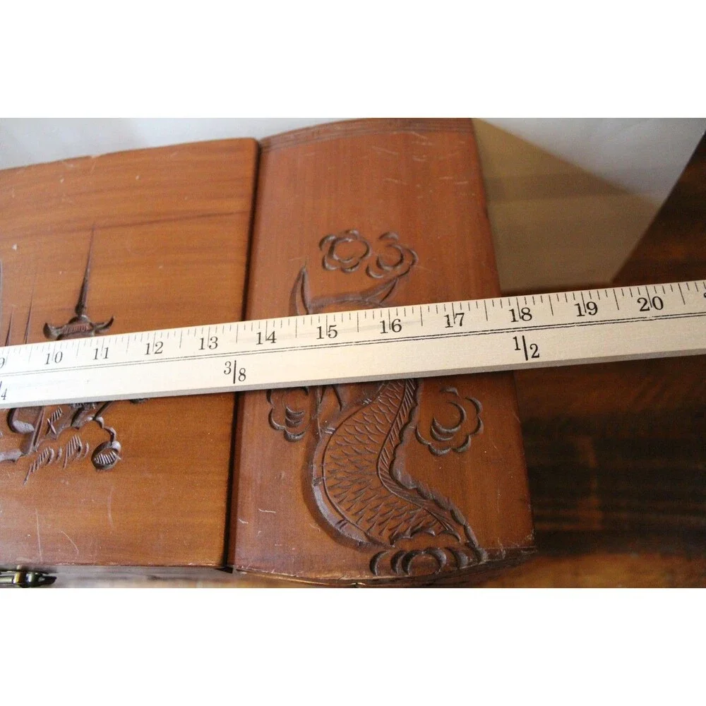 Vintage Asian Wood Carved Large Jewelry Box Dragon Red Velvet Lining SEE NOTE